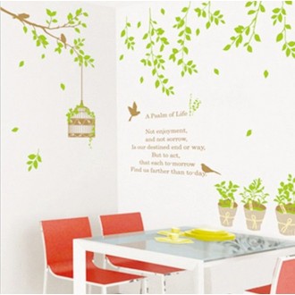 A Cage Hanging On The Branch And The Leaves Falling Wall Sticker